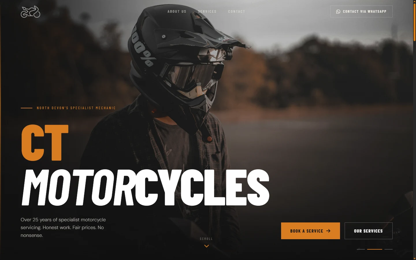 The CT Motorcycles homepage: a rider in a helmet behind large headline type, with a Book a Service button.